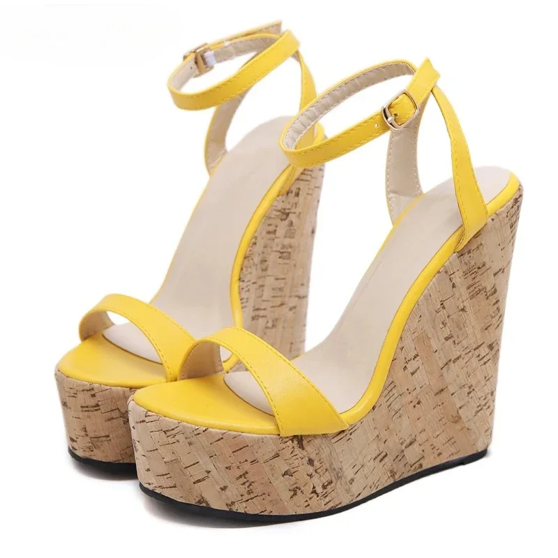

Aneikeh Yellow Gladiator Buckle Open Toe Ankle Strap Platform Wedges Women Sandals Super High Cover Heel Ladies Summer Shoes