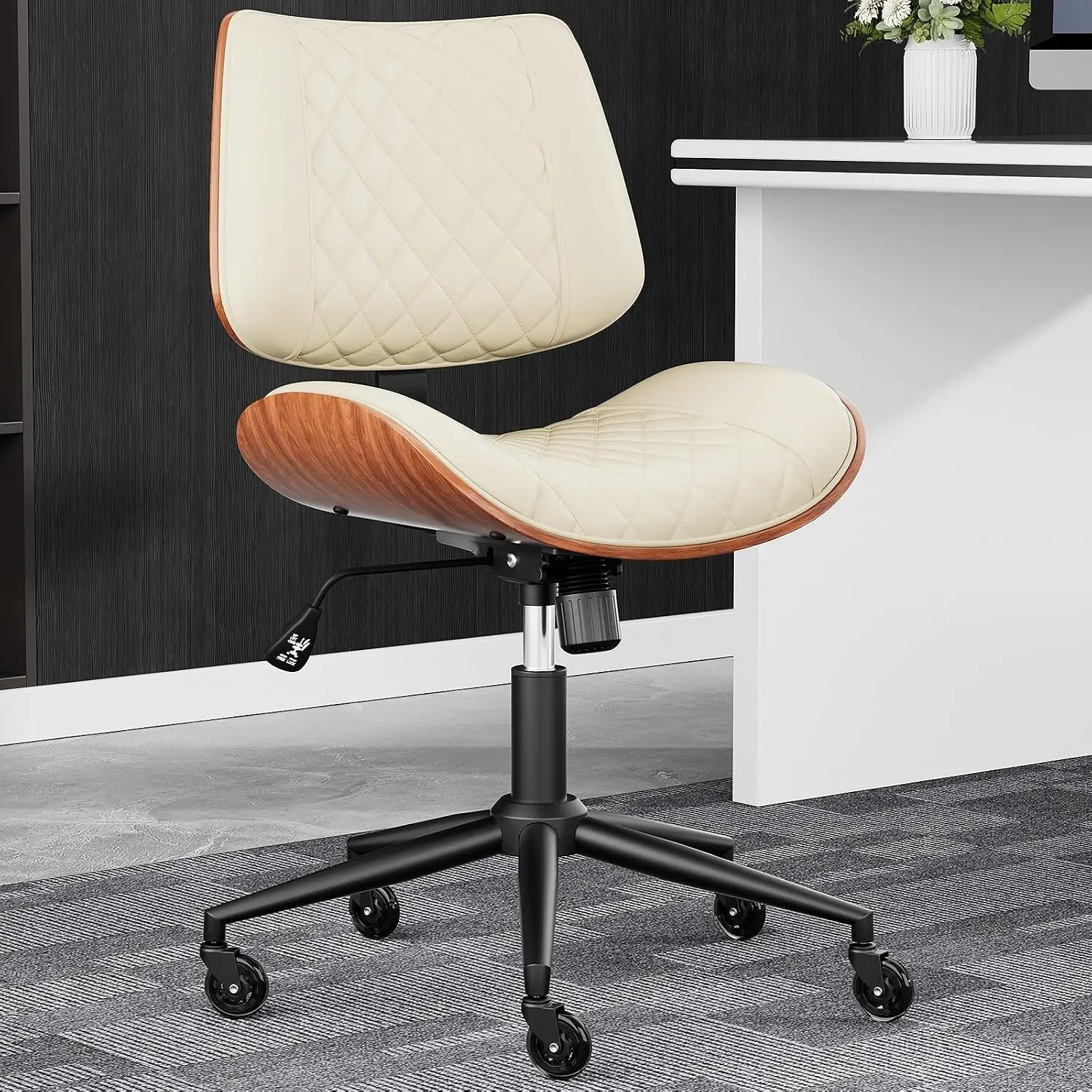 Armless Office Chair, Swivel Leather Desk Chair with Silent Wheels, Adjustable Height Rolling Vanity Chair for Home, Customized