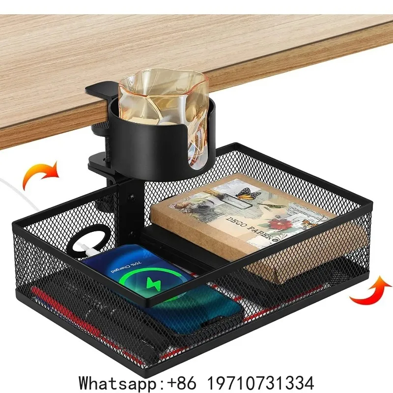 360° Rotary Under Desk Drawer With Cup Holder, 2 in 1 Anti-Spill Cup Holder & Storage Rack, Punch Free Metal Storage Box