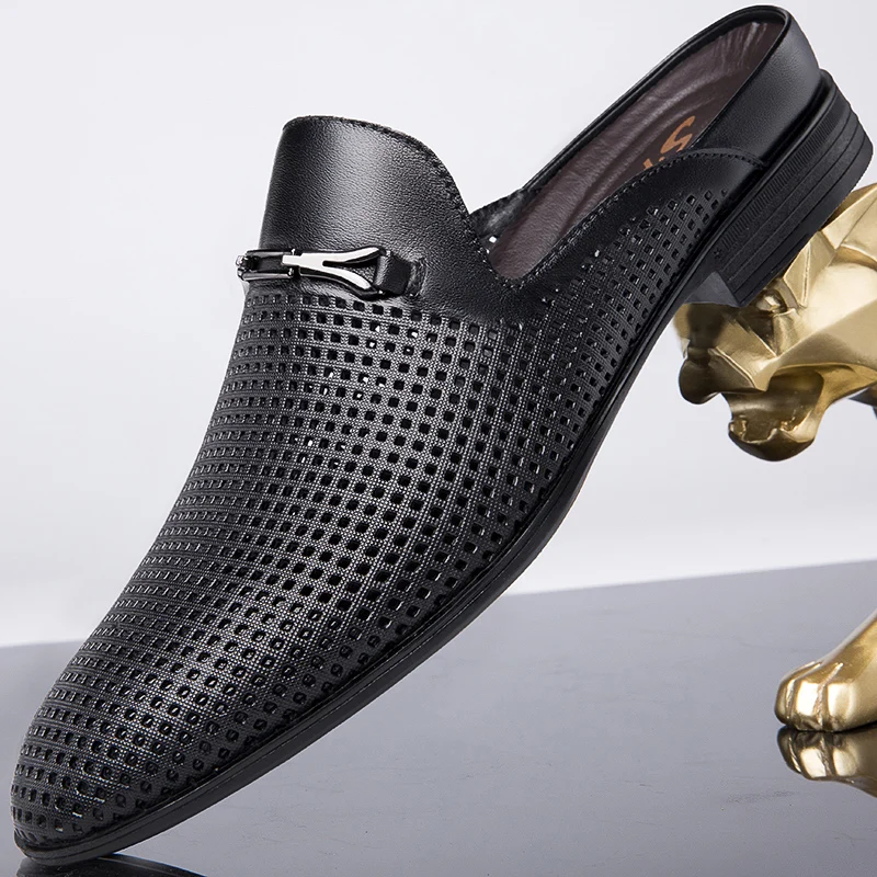Hollow Out Half Drag Casual Sandals Shoes Men Slippers Genuine Leather Big Size Backless Loafers High Quality Slip on Mens Shoe