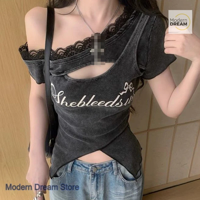 Korean design sense sweet spice girl lace edge hollowed out to make old short-sleeved T-shirt female summer letter printed top