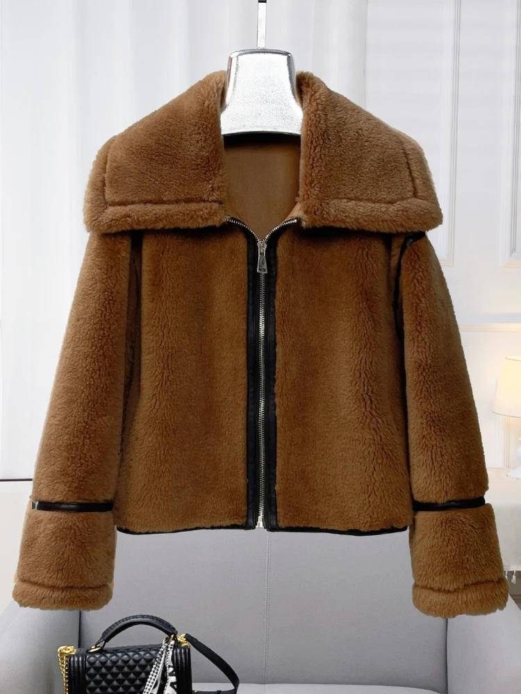 

Teddy Short Lamb Wool Coat 2024 Autumn/Winter New Big Flip Collar Sheep Cut Fleece fur Integrated Coat Youth Style