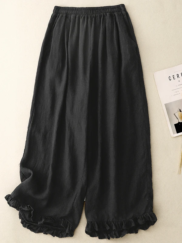 

Художественные широкие хлопковые льняные брюки с эластичной резинкой на талии, черный кружевной подол, цвет, повседневные, восемнадцать т., летние женские большие размеры