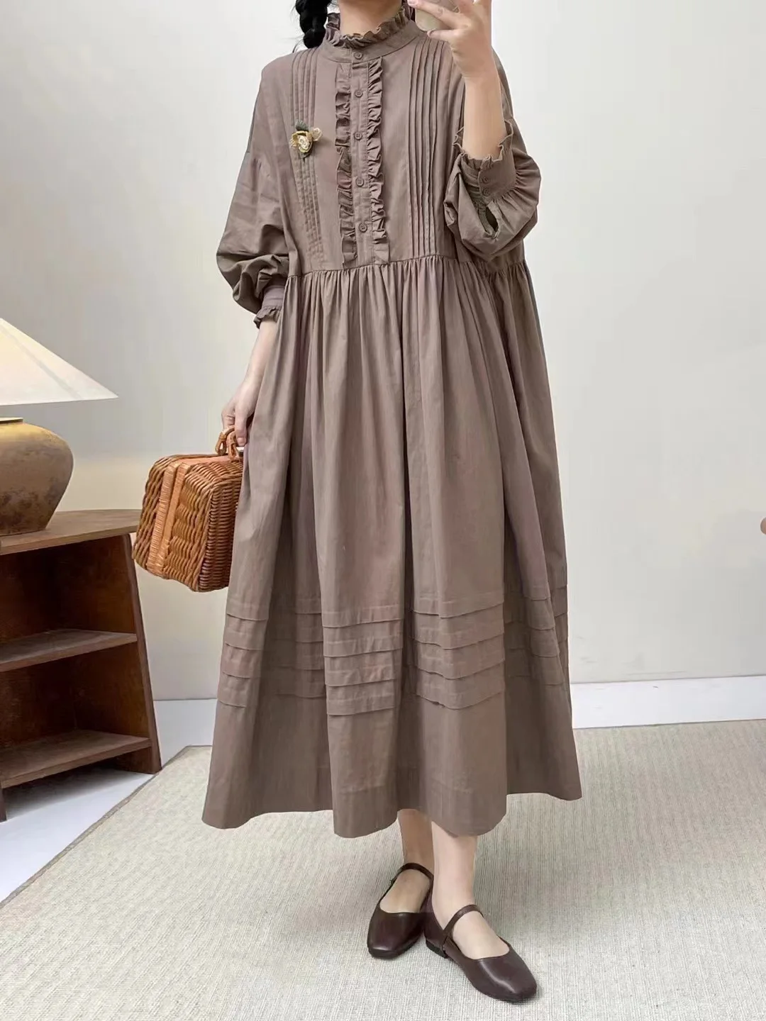 

Women's dress mori kei clothing Japan style vintage stand collar long sleeve cotton ruffled one-piece dress chic robes