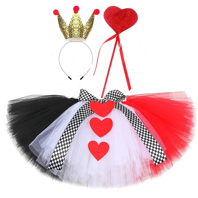 

Red Queen Cosplay Tutu Dress Crown Magic Wand Mini Skirt Fluffy Tulle Outfit with Crown for Halloween Carnival Fancy Dress 3-pcs