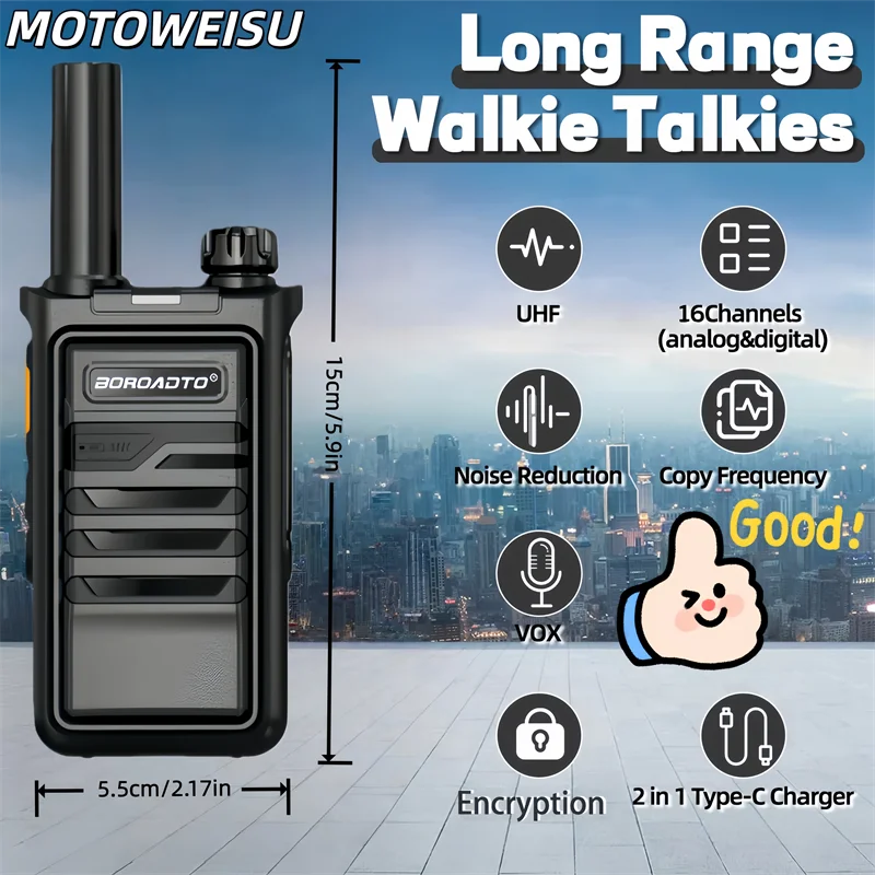 2PCS PMR446 Walkie Talkie 16CH USB Charging Two Way Radio VOX Type-C Rechargeable Long Range Transceiver for Hotel Restaurant