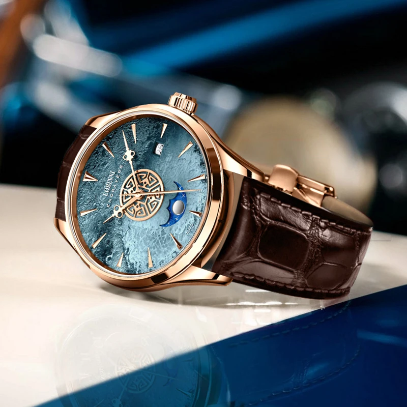 LOBINNI 17015 40.5MM  Men Mechanical Wristwatches Meteorite Dial Watch Genuine Leather Sapphire Automatic Retro Watches Mens
