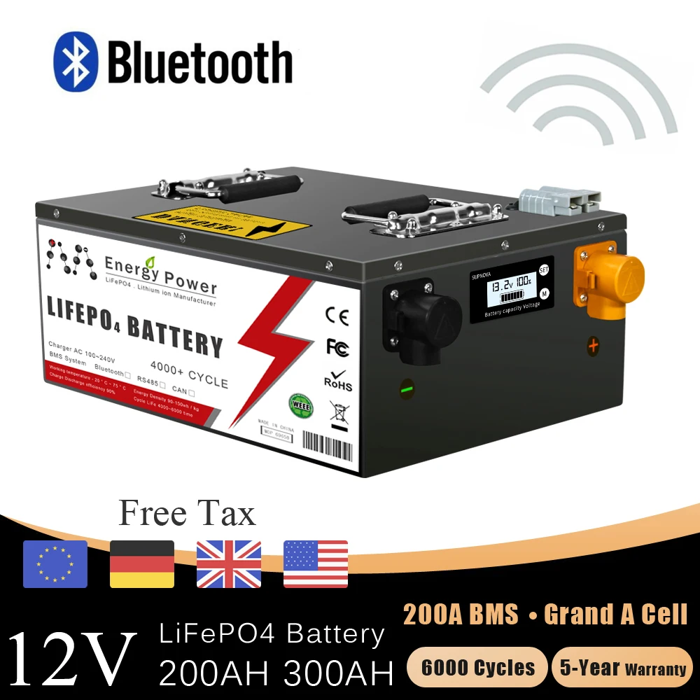 

New 12V 200Ah 300Ah 500AH LiFePO4 Battery Pack Built-in Bluetooth BMS Lithium Iron Phosphate For Solar RV Home Storage Boat