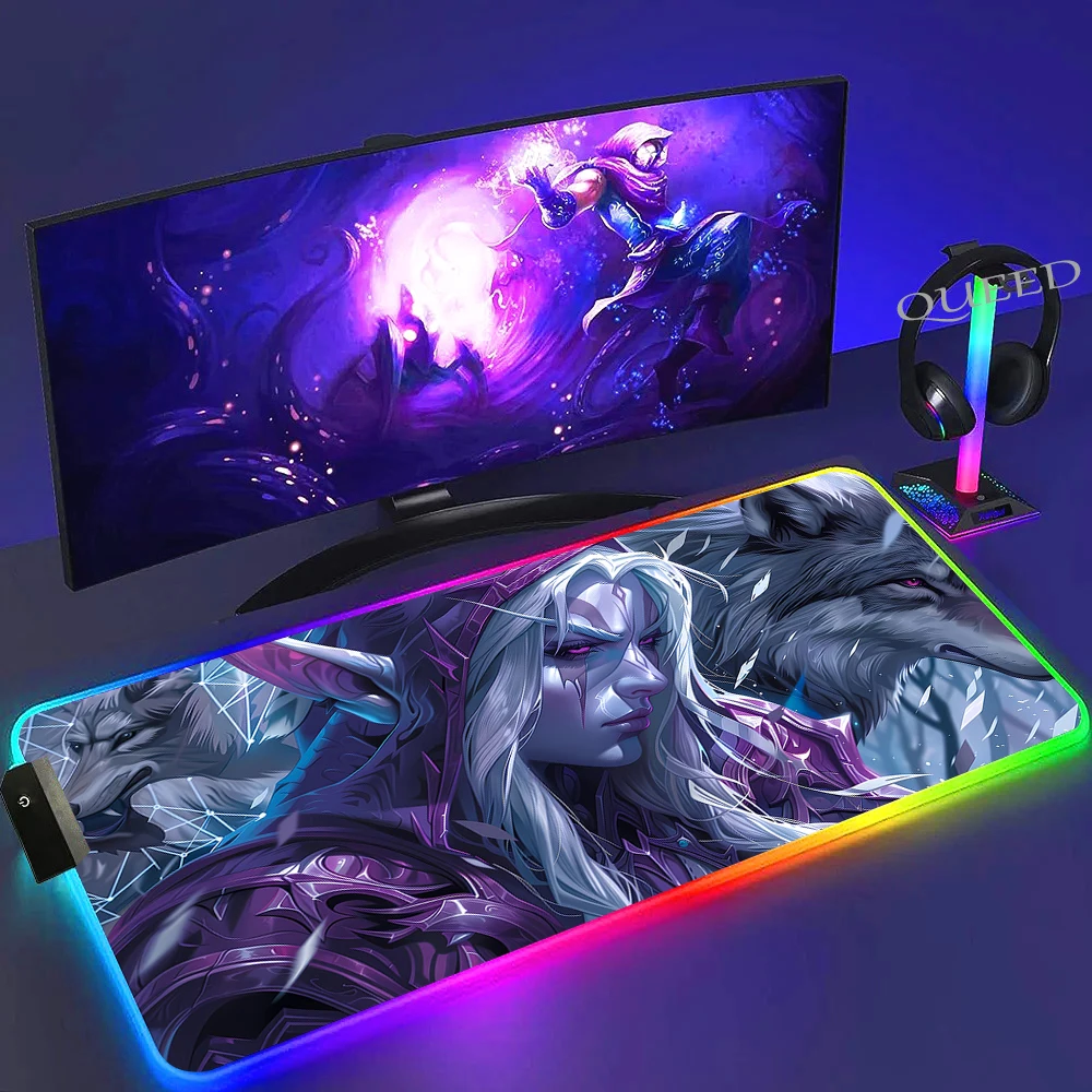 World Of Warcraft Illidan RGB Tappetino per mouse da gioco XXL Computer Gamer Tappetino per mouse a LED grande Decorazione desktop WOW Tappetino da