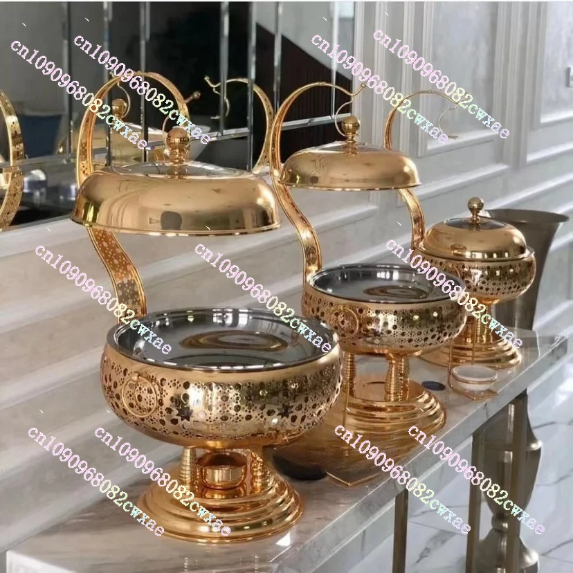 

Luxury Gold Round Buffet Heating Serving Tray Hotel Wedding Buffet Tableware