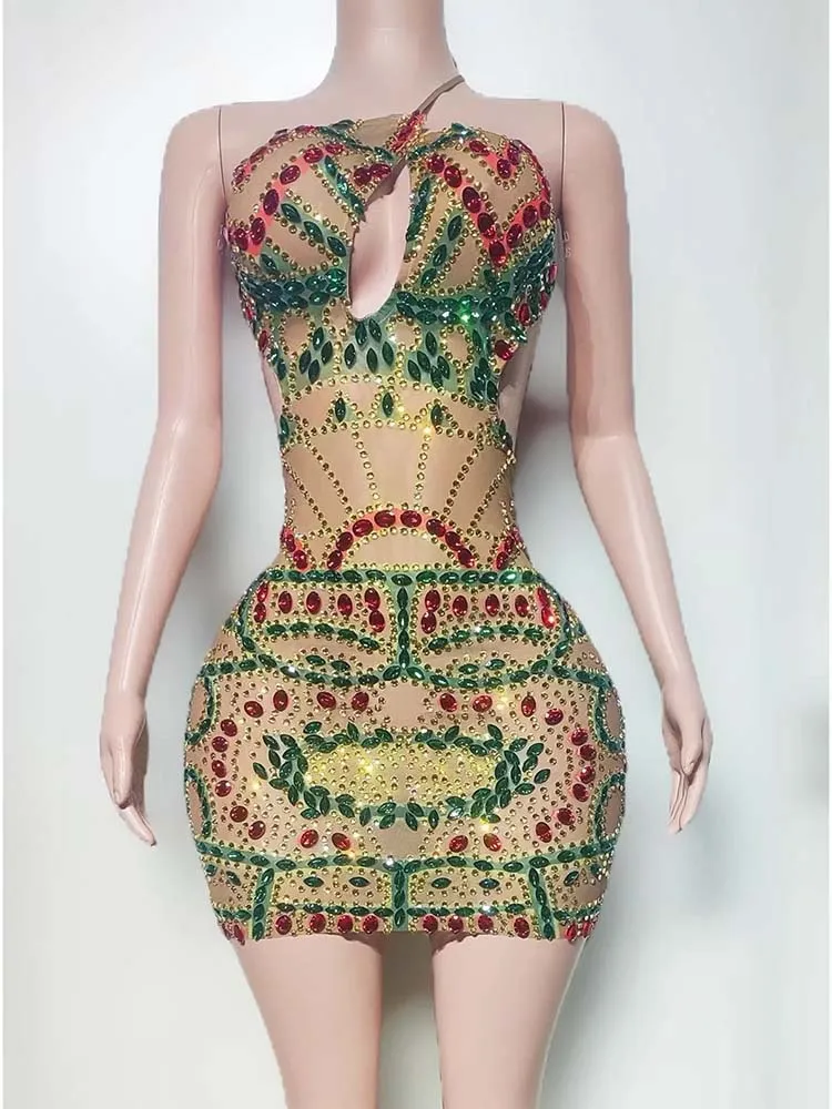 Abito con bretelle in rete trasparente con strass colorati di alta qualità 2025 Abbigliamento da donna personalizzato di nuova moda