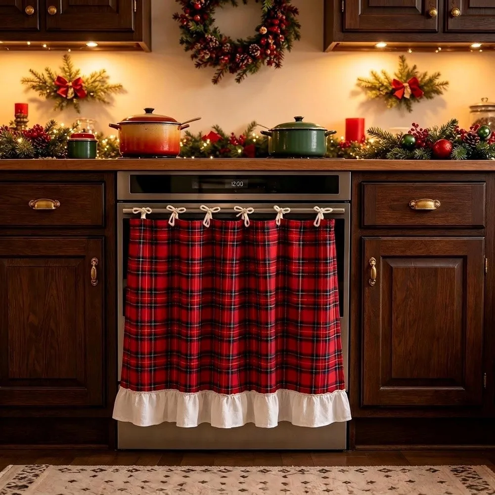 Oven Door Cover Red Plaid Pattern with White Ruffle and Fabric Bow Ties 30 x 21.3 inch For Kitchen Holiday Decor