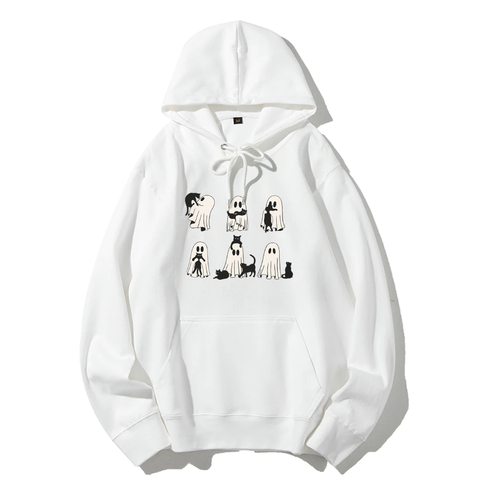 Sweet Candy Color Hooded Sweater Pure Cotton Halloween Cute Ghost Print Neutral Style Ladies Loose Oversize Y2k New Hoodie