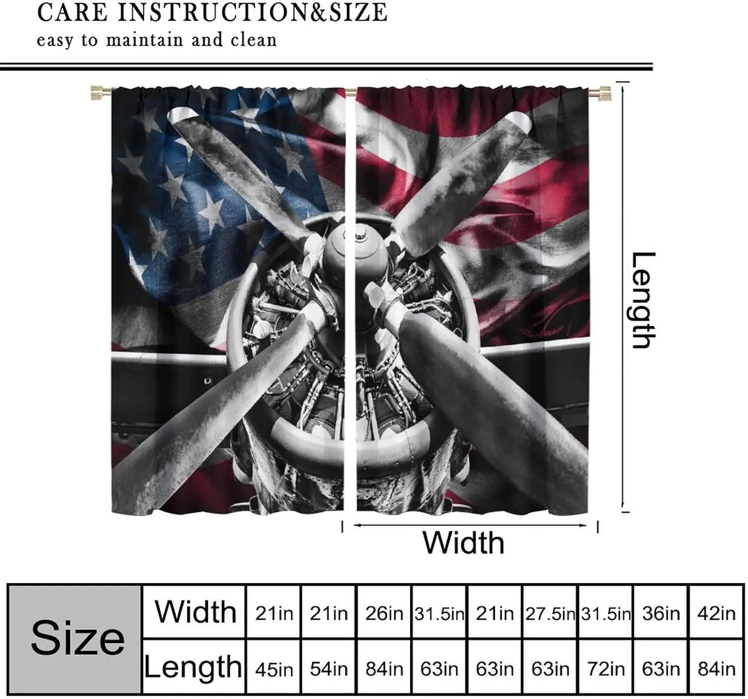 Retro Airplane USA Flag Blackout Curtains, Vintage Fighter Pattern Floating American Flag Backdrop Decor Window Treatments, Rod