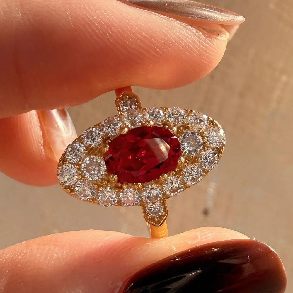 Vintage Shield Shape Red Ruby Gemstones Full 5A Zircon Diamonds Rings for Women 18K Gold Filled Silver Chic Finger Bands Trendy 6