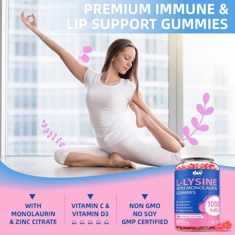 L-lysine gummies 1000mg, sugar free chewable lysine containing mono taurine supplement, lip and oral health, immune
