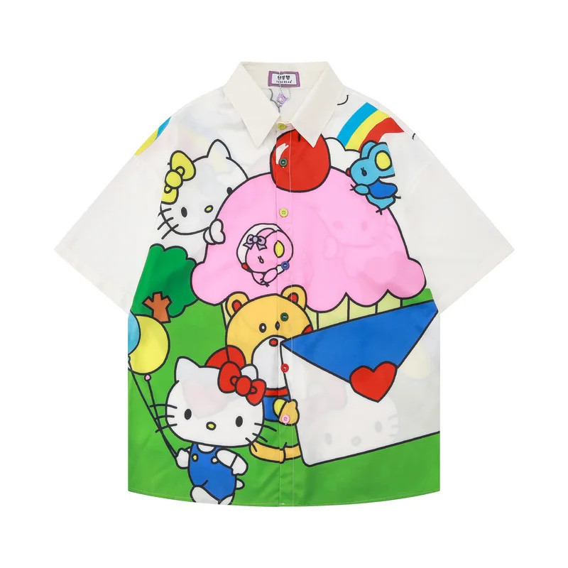 Sanrios Pochacco Hellokitty Blue Green Series Casual Cartoon Anime Short Sleeve Shirt Fun Cute Sweet Loose Summer Women Clothes