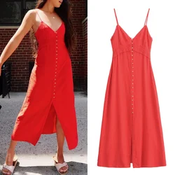 TRAF women's linen red off-shoulder dress suspenders long dress sleeveless midi dress loose casual holiday dress 2024 summer new