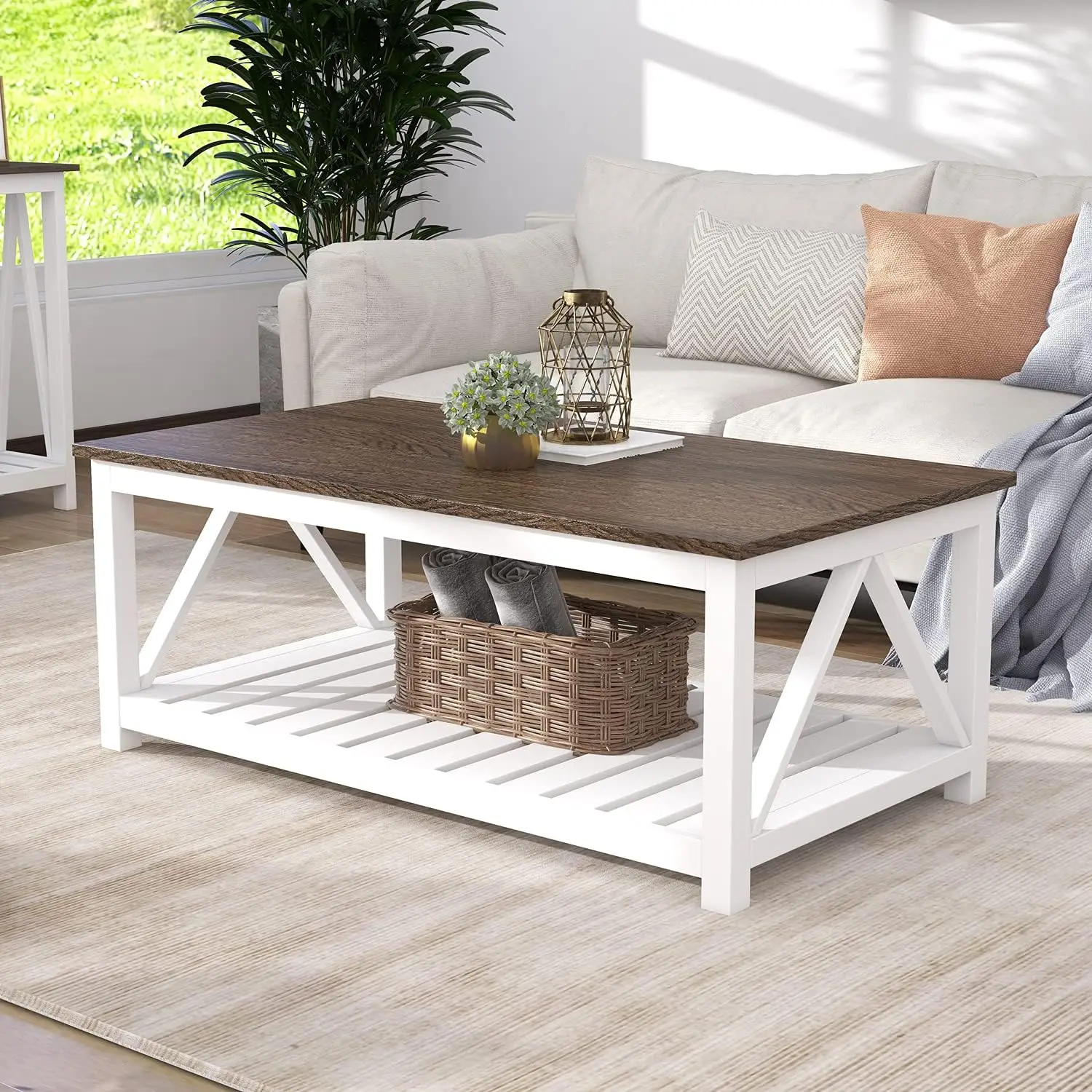 

Rustic Vintage Coffee Table with Shelf, Farmhouse Style Living Room Furniture in White, 40 Inches