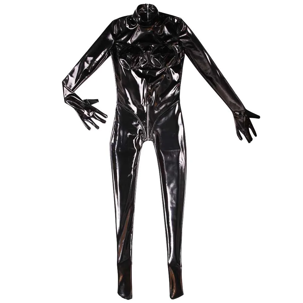 

Women Lady Sexy Shiny Full Piece Leotard Faux Leather Elastic Stage Bodysuit Costume