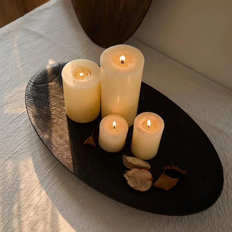 Retro Oval Wooden Fruit Plate Candle Tray, Black Solid Wood Fruit Plate Homestay Home Decoration