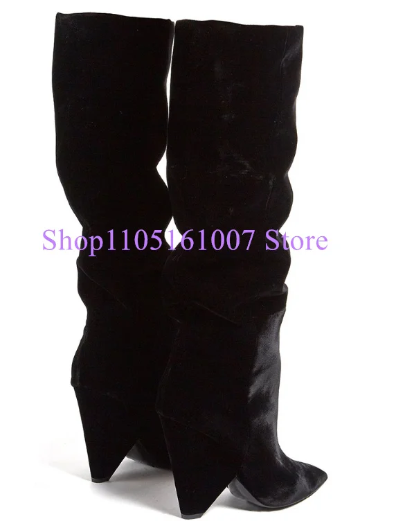 Black Velvet Spike Heels Woman Long Boots Sexy Pointed Toe Lady Knee High Boots Large Size Banquet Shoes