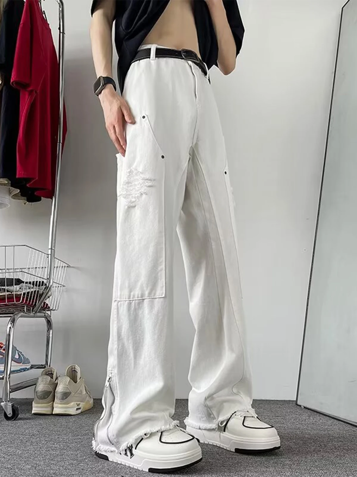 White Flared Jeans Men's American Vibe Design Zipper Straight Casual Torn Floor-Length Pants Youth Fashion Loose Fit Jeans