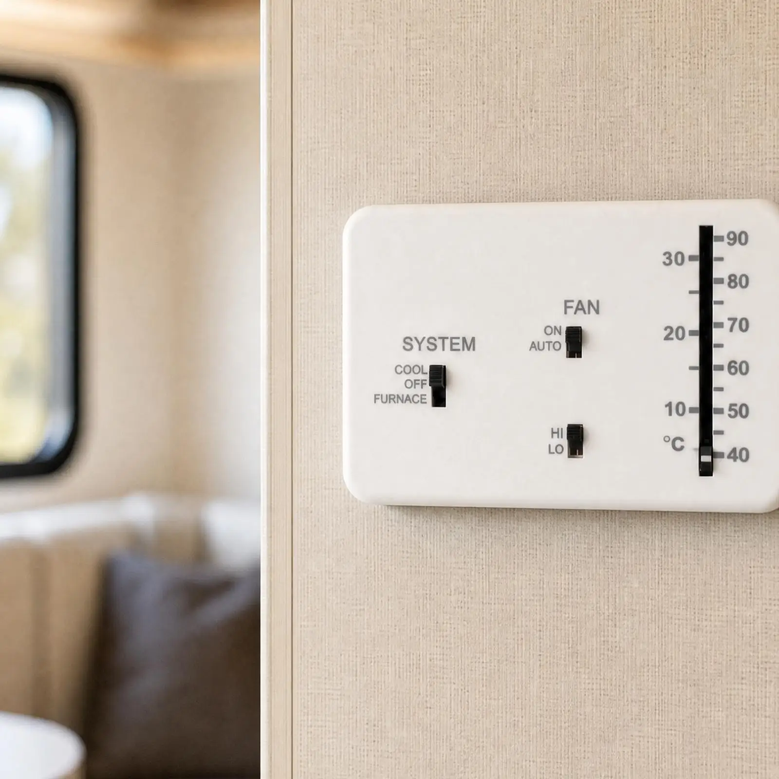 Analog RV Thermostat 12V DC Temperature Controller for Camper Van Motorhome Cool Furnace Fan Modes