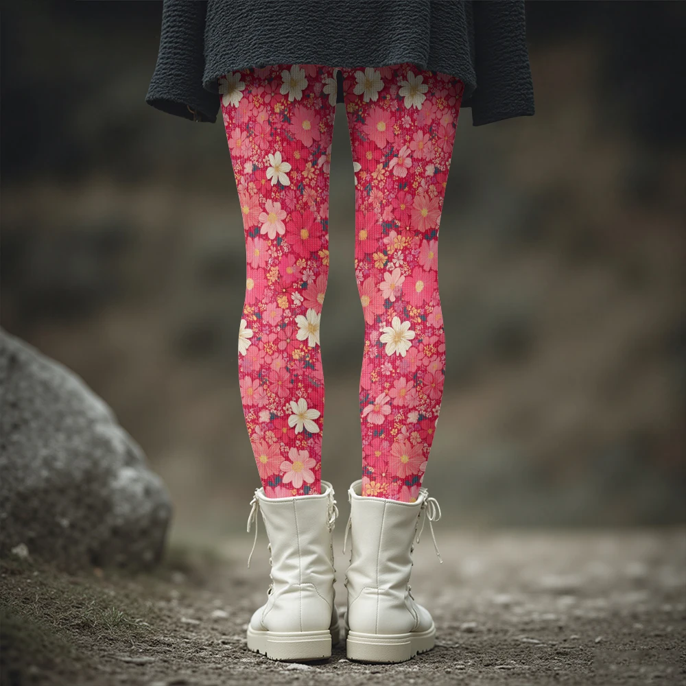 Harajuku Sweet Girly Winter Leggings Women Vibrant Pink Base with All-Over Cute Floral Print Warm Thick Tights Kawaii Pants