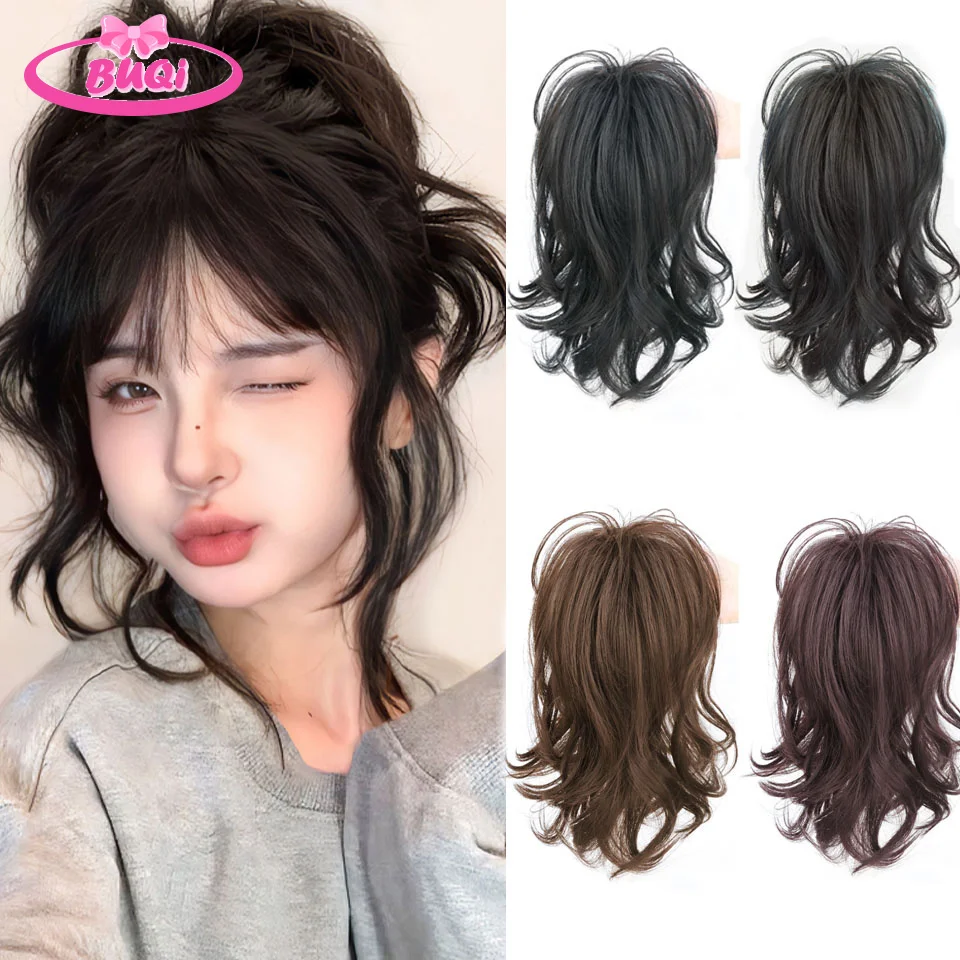 BUQI Wig Female Long Hair Imitation Hair Grip Clip Half Tied High Skull Top With Lazy Messy High Ponytail Brown Black Wig.