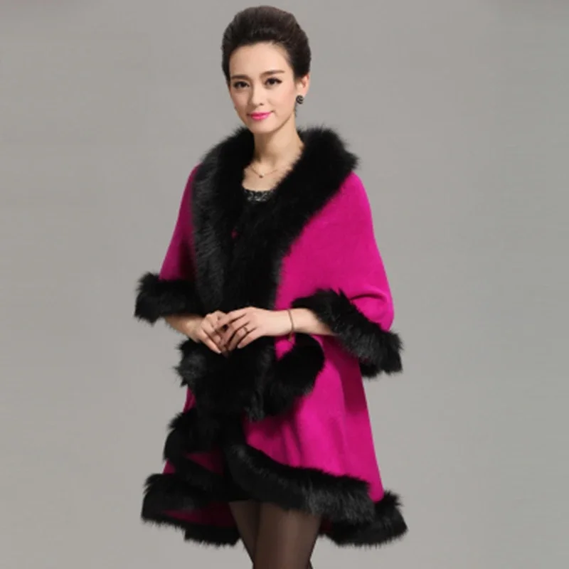 Brieuces New Fashion Long Wool Cashmere Faux Fox Fur Coat Cardigan Women Poncho Knitted Sweater Women Scarves Autumn And Winter