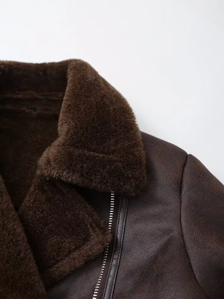 Stile europeo e americano 2025 inverno nuovo stile risvolto cerniera moda versatile giacca monopezzo in pelliccia