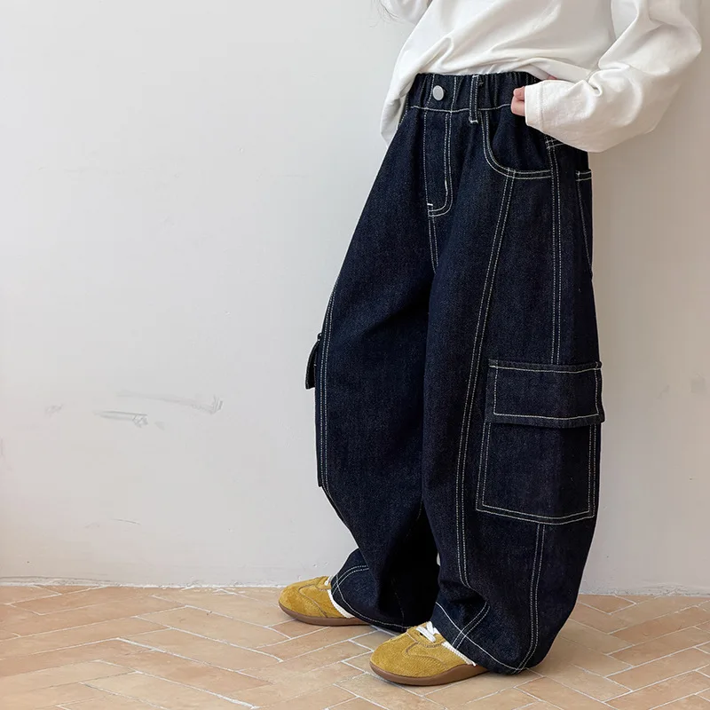 Children's Japanese Loose Casual Pants Korean Contrasting Color Bright Line Three-dimensional Pocket Workwear Jeans