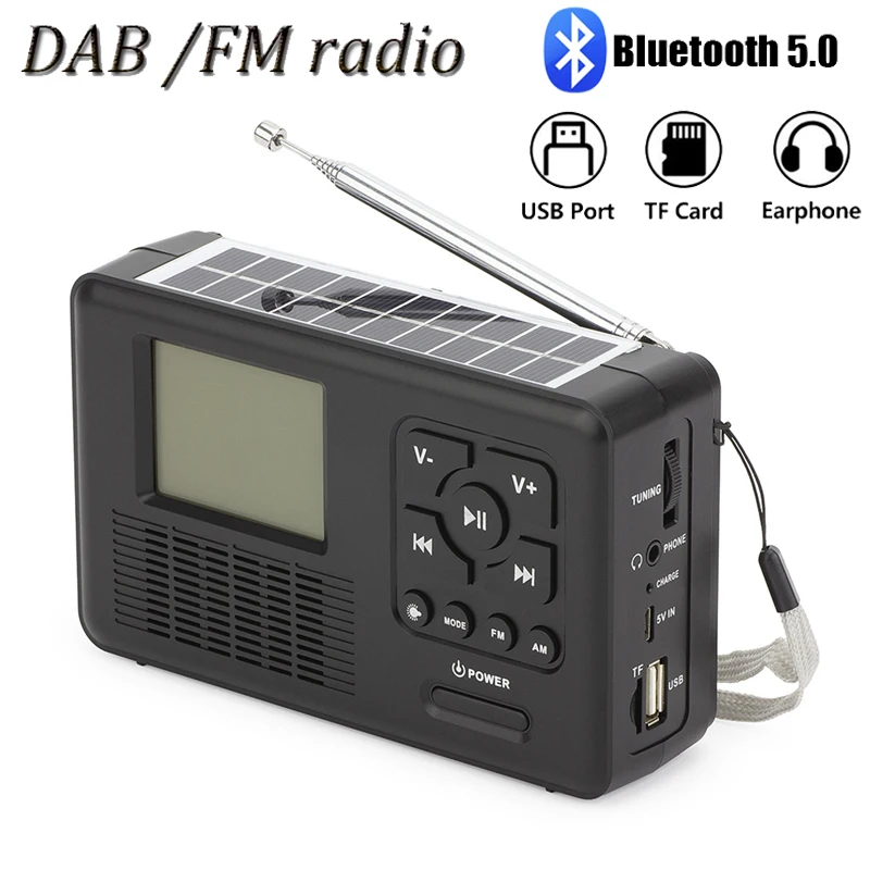 

Портативный мини-DAB/FM-радио на солнечной батарее, Bluetooth-динамик с TFT ЖК-фонариком, поддержка TF-карты/USB/наушников, воспроизведение