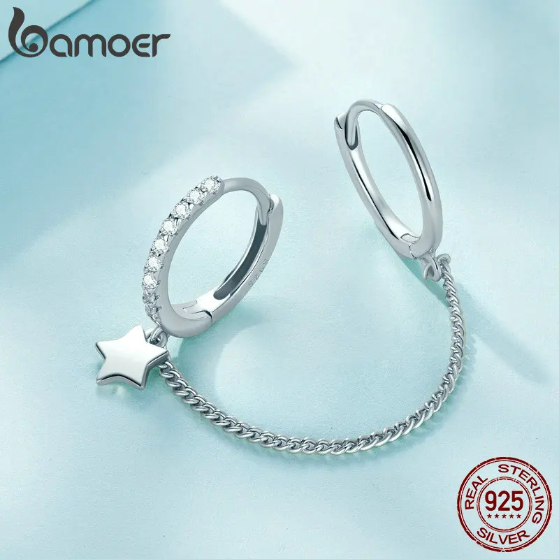 BAMOER Genuine 925 Sterling Silver Double Hoop Earrings Chain for Women Teen Girls Star Whisperer Statement Elegant Earrings