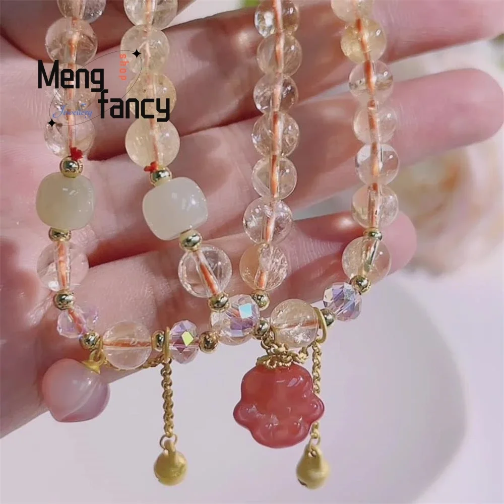 Natural Salt Source Agate Cute Cat Claw Bell Fringe Pendant Fortune Citrine Beaded Bracelet High-grade Exquisite Fashion Jewelry