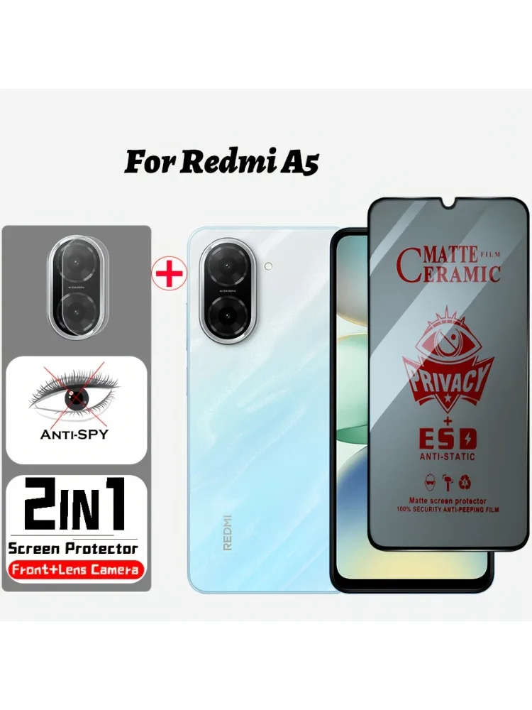 Film souple en céramique mate 2 en 1 pour Xiaomi Redmi A5, verre trempé Anti-espion et protecteur d'objectif d'appareil photo, antistatique et confidentialité
