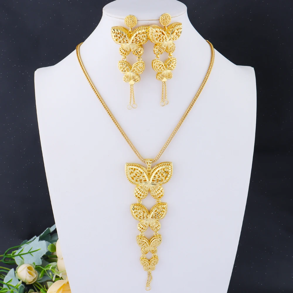 

Gold Plated Butterfly Jewelry Set for Women - Necklace Earrings Bracelet Ring - Classic African Noble Gold Color for Party