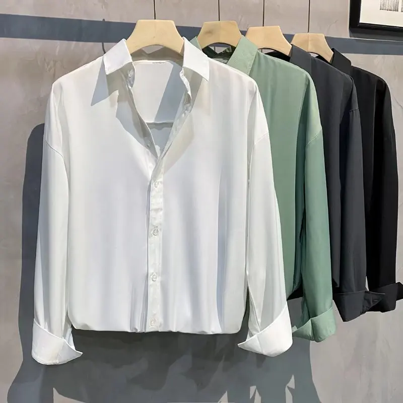 

Men's Long Sleeve Ice Silk Shirt Loose Fit Summer Thin Fashionable Casual Pure Color White Shirt Drapey Lightweight Shirt