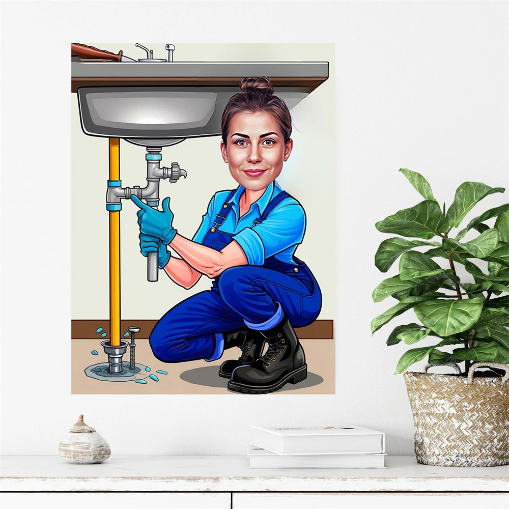 Personalized Woman Plumber Cartoon Portrait Prints Custom Plumber Caricature Drawing From Photo Print Poster Funny Canvas Print