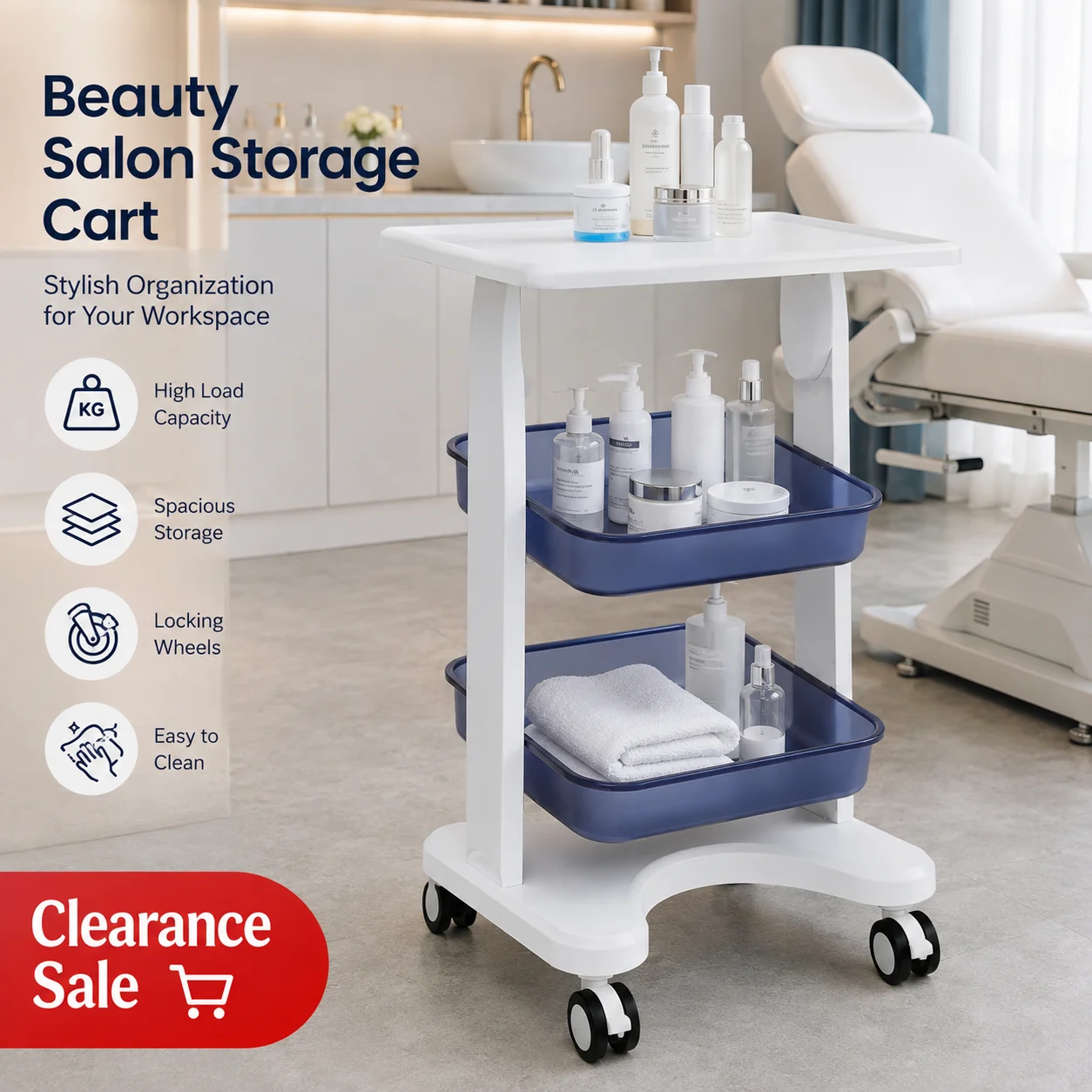 White & Blue 3-Tier Beauty Salon Storage Cart Beauty Tool Storage Cart Medical Cart Extra Large Countertop Double Trays Rolling Utility Trolley PC Material Lockable Casters 132lbs Assembly-Free for Spa Clinic Dental Makeup Organizer