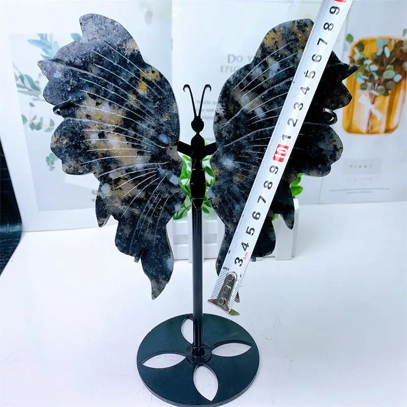 Natural Black Obsidian Tourmaline Butterfly Wings Carving Figurine Healing Crystal Energy Wings Sculpture Home Decoration 1pcs