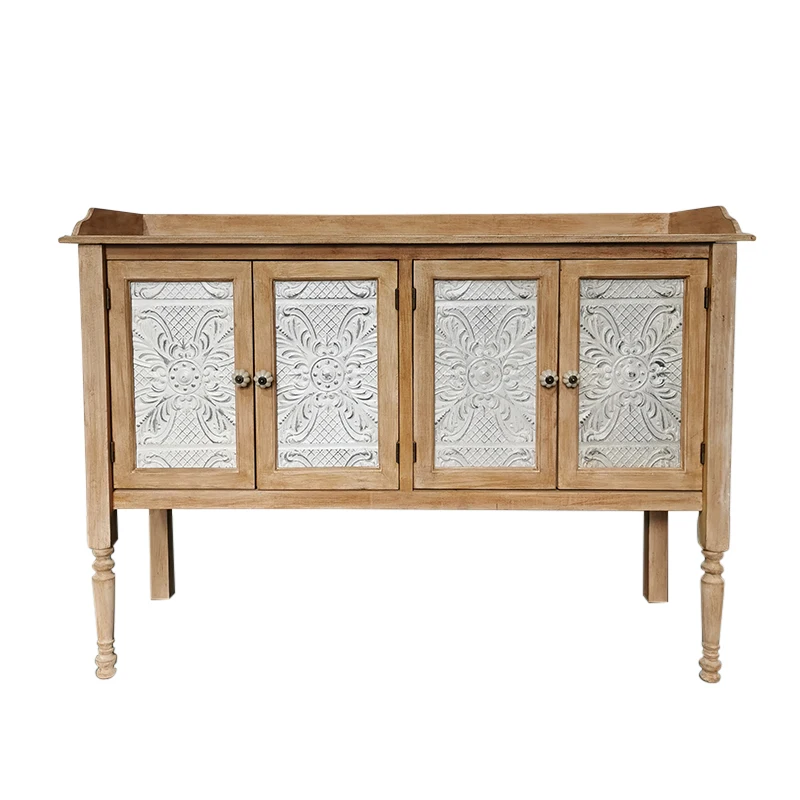 

American rural storage retro solid wood wrought iron carved decorative porch side cabinet