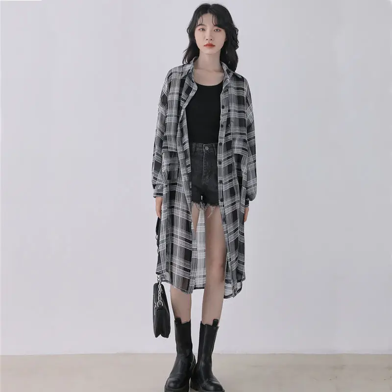 

New Mid-length Over-knee Plaid Chiffon Shirt Hong Kong Style Retro Thin Jacket Cardigan