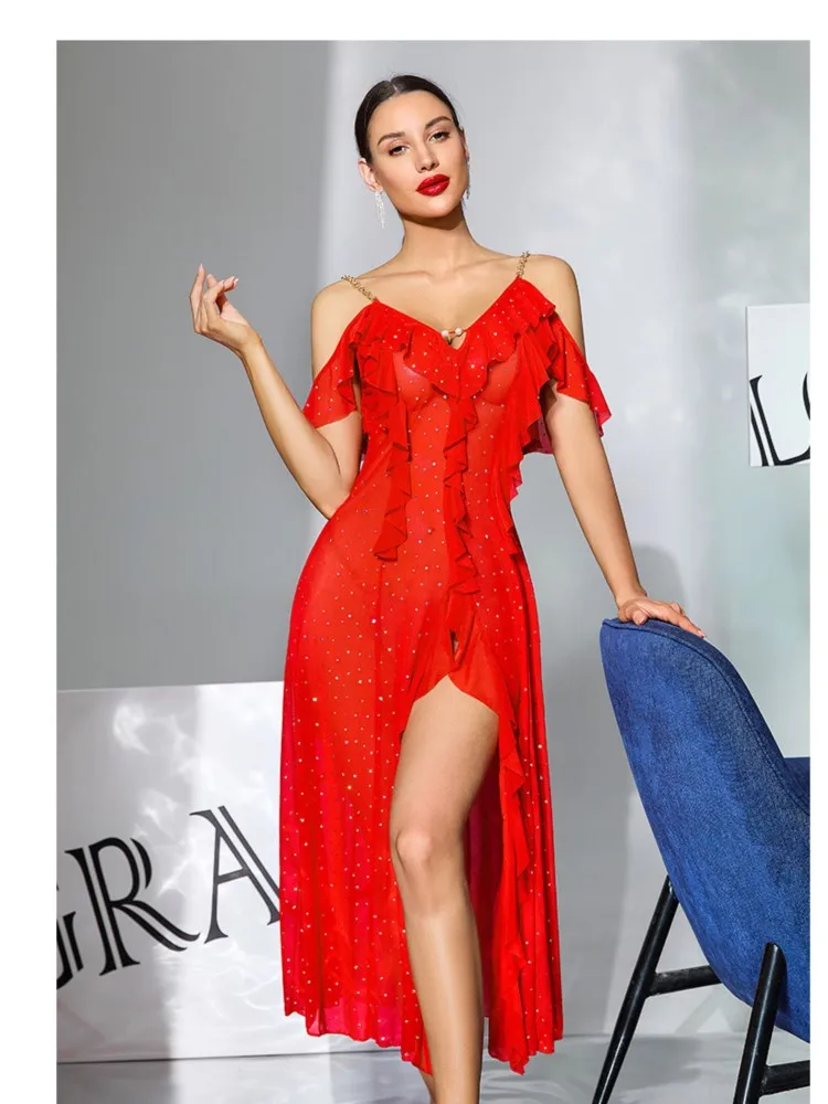

2026 Pajamas Party Dresses For Woman Evening Dress Vestidos Sexy Slim Slit Off Shoulder Ruffles Slit Irregular Perspective Mesh