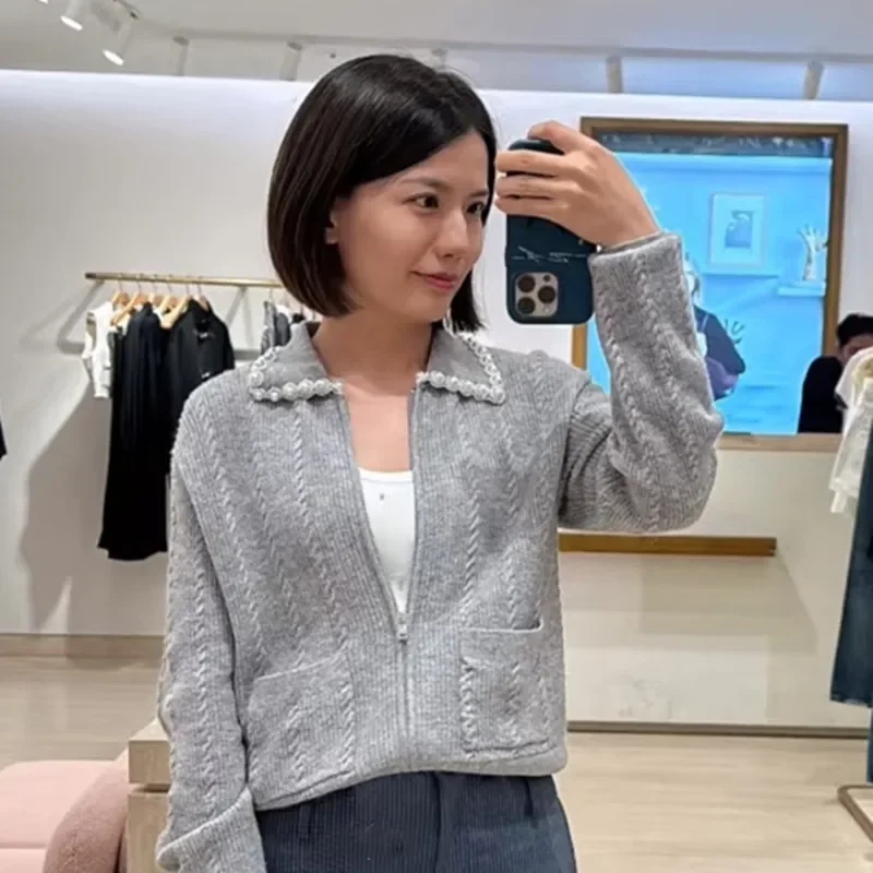 Gray Women's Pearls Beading Turn-down Collar Sweater Zipper Twisted 2025 Fall Winter Lady Knit Cardigan Coat with Pockets