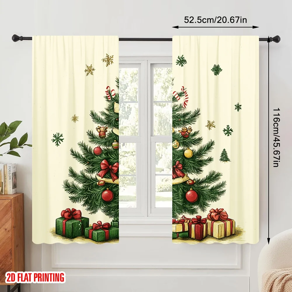 2pcs,2D plane printing Curtains Roller Blinds Christmas Tree Ornaments Festive Decorations Versatile 100% Polyester (without