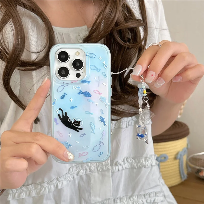 Cute Blue Small Fish Cat Phone Case For iPhone 16 Pro 15 14 Pro