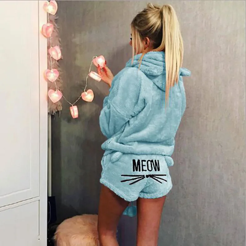 Pajamas Two Piece Set Sleepwear Women Coral Autumn Winter Warm Velvet Pajamas Set Cute Cat Meow Pattern Hoodies Shorts Set