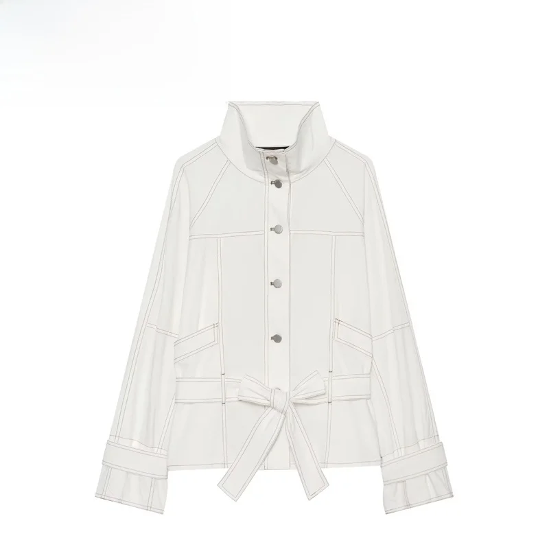 Fashionable Color Block Stitching Stand Collar Waist Belt Jacket Women's Loose Fit Polyester Fiber Long Sleeve Summer Coat